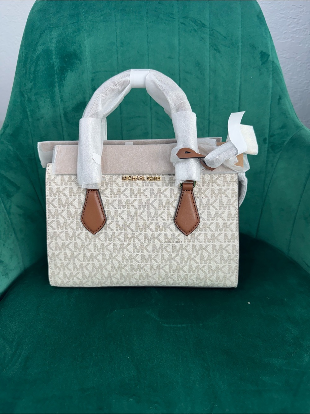 Michael Kors Cream Signature Canvas Satchel with Brown Trim